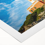 Art deco poster of Capri, Italy in vibrant blues and greens on rolled canvas, suitable for dining room wall art.