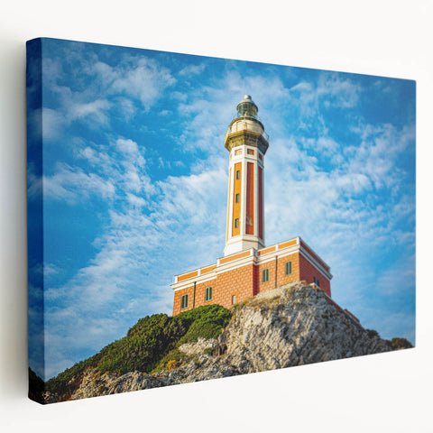 Large art depicting the scenic Capri coastline in muted blue and white tones on stretched canvas, ideal for kitchen wall art.