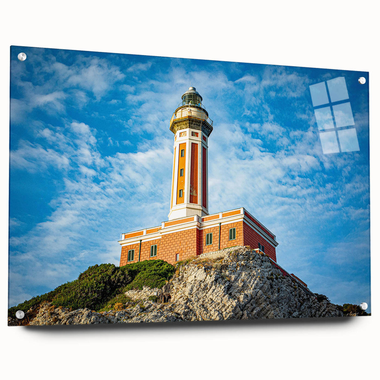 Acrylic glass print of Capri, Italy scenery in vibrant blue and green tones, ideal for dining room decor.