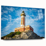 Large abstract wall art depicting the Capri coastline in Italy, featuring muted blue and green tones on acrylic glass.