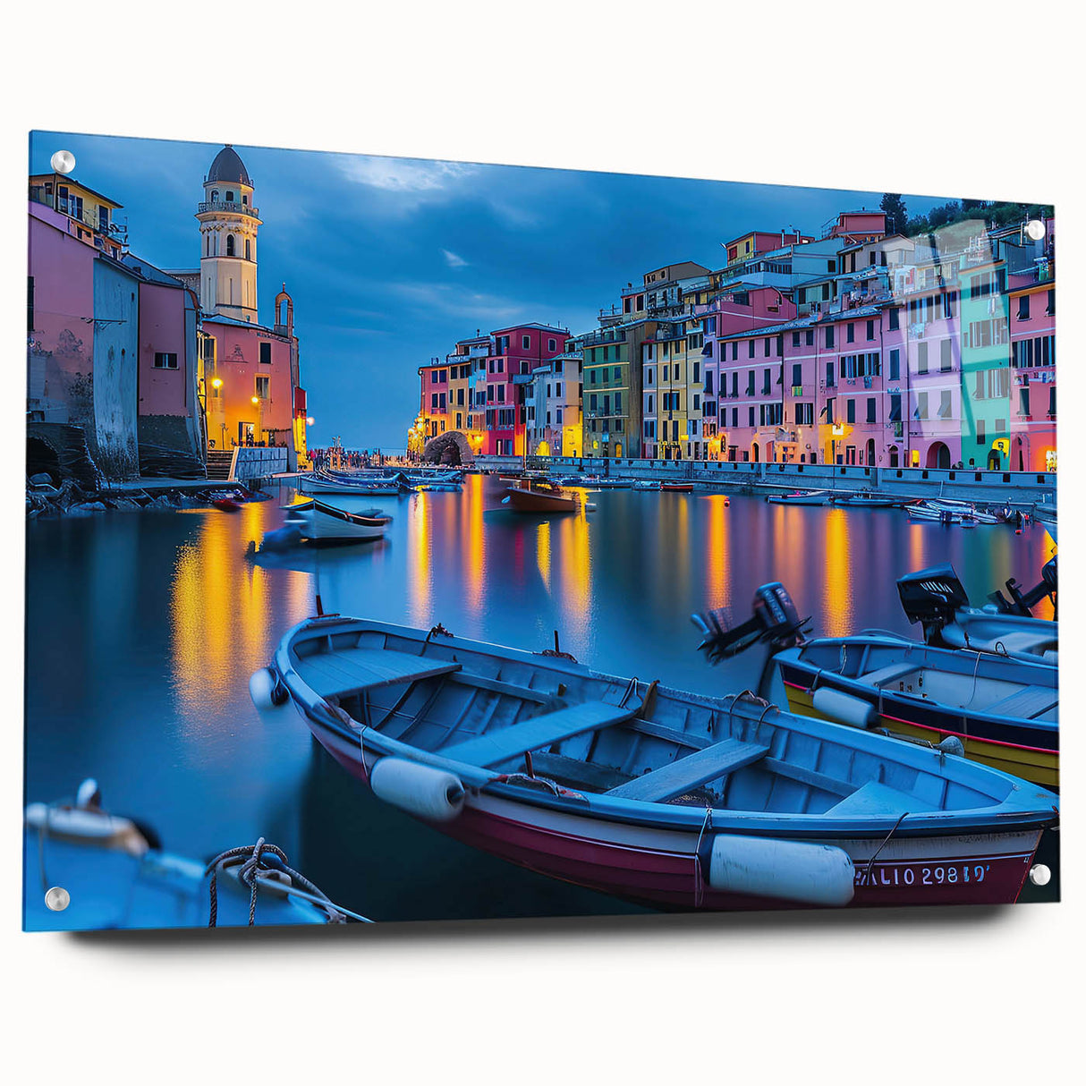 Acrylic print of Cinque Terre with vivid coastal colors, ideal for bedroom or dining room decor.