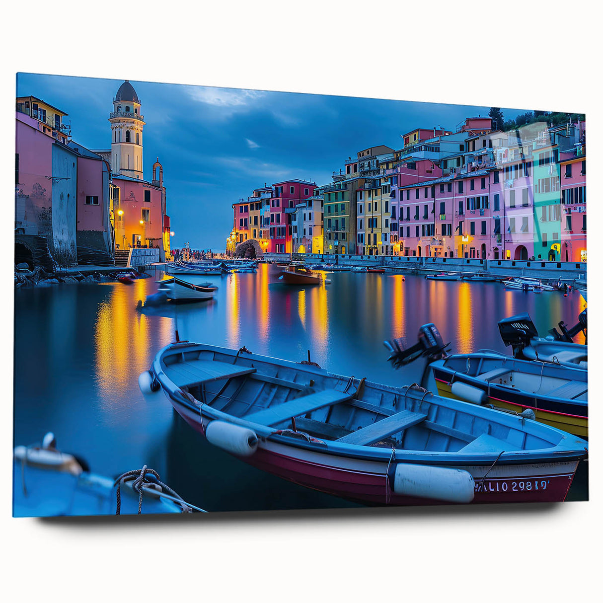 Acrylic print of Cinque Terre with vivid coastal colors, ideal for bedroom or dining room art.