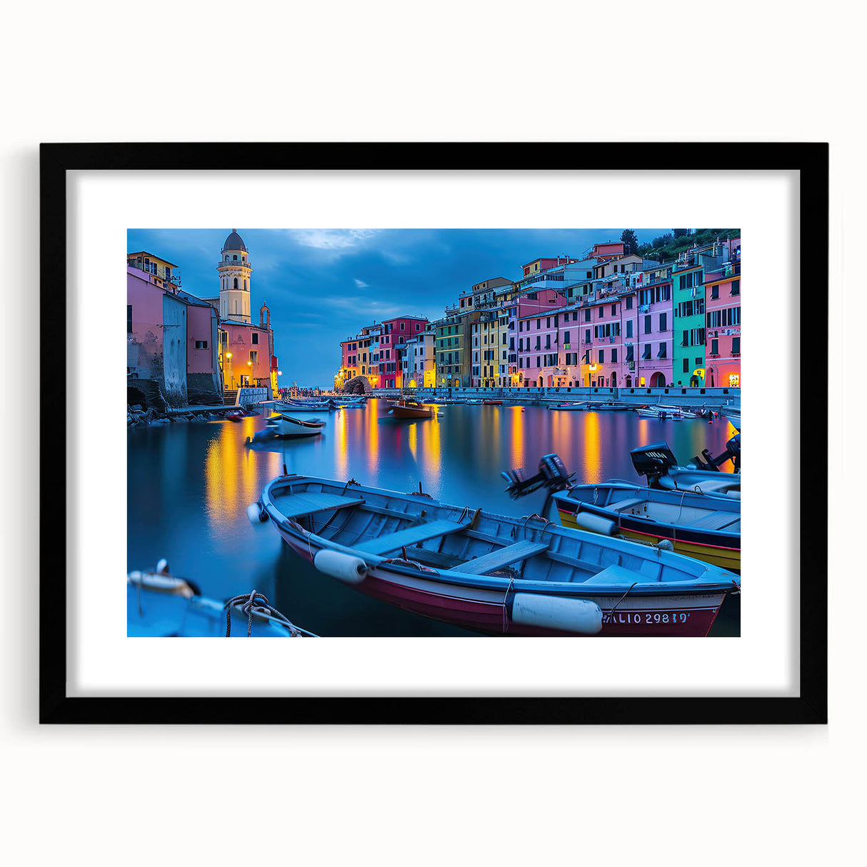 Colorful art print of Cinque Terre with textured abstract design, in a black frame, suitable for large living room walls.