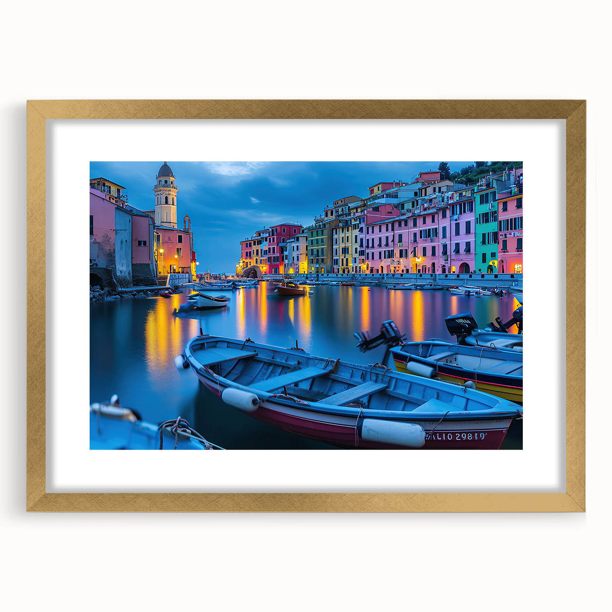 Abstract art print of Cinque Terre with vibrant coastal colors on a gold-framed mat, ideal for bedroom or dining room decor.