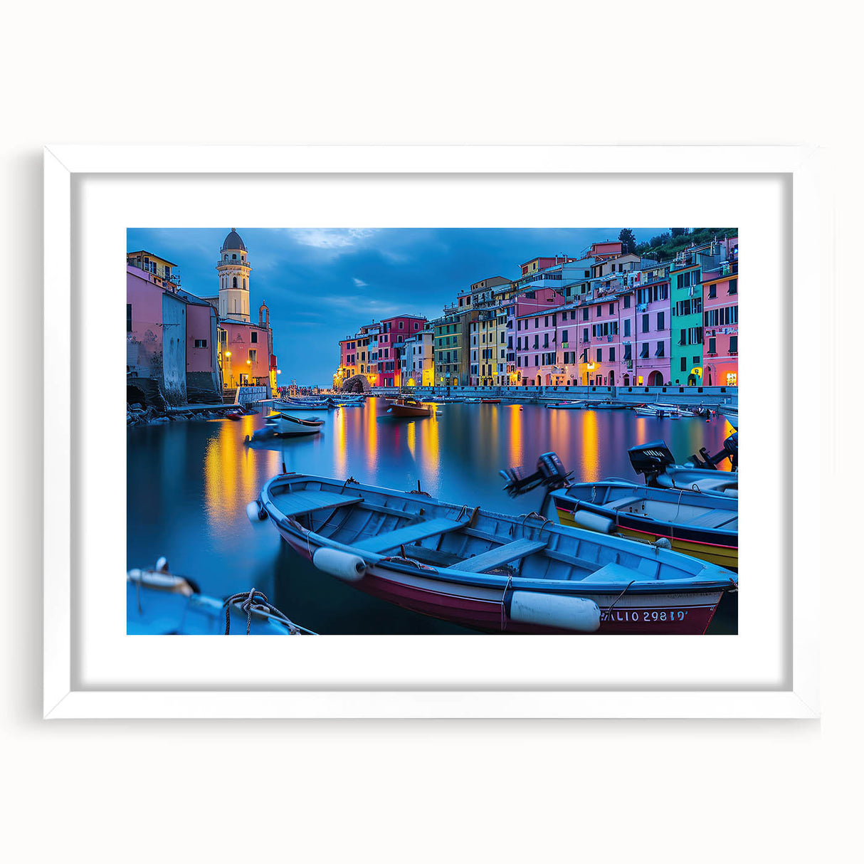 Textured art print of Cinque Terre with abstract elements in vibrant colors on a framed white matte, ideal for bedroom art.