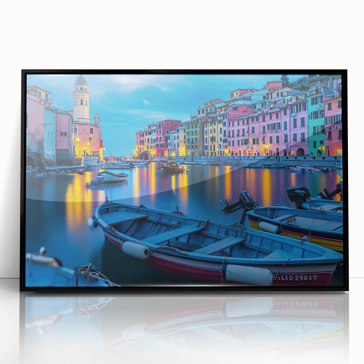 Large abstract wall art depicting Cinque Terre, Italy, in vibrant hues on a framed acrylic piece.