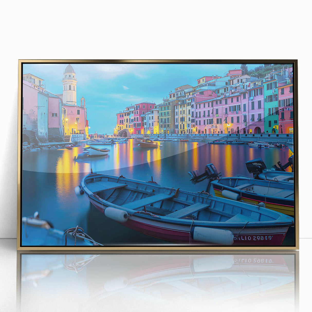 Framed acrylic print of Cinque Terre with pastel shades, ideal for modern art wall decor or nursery.