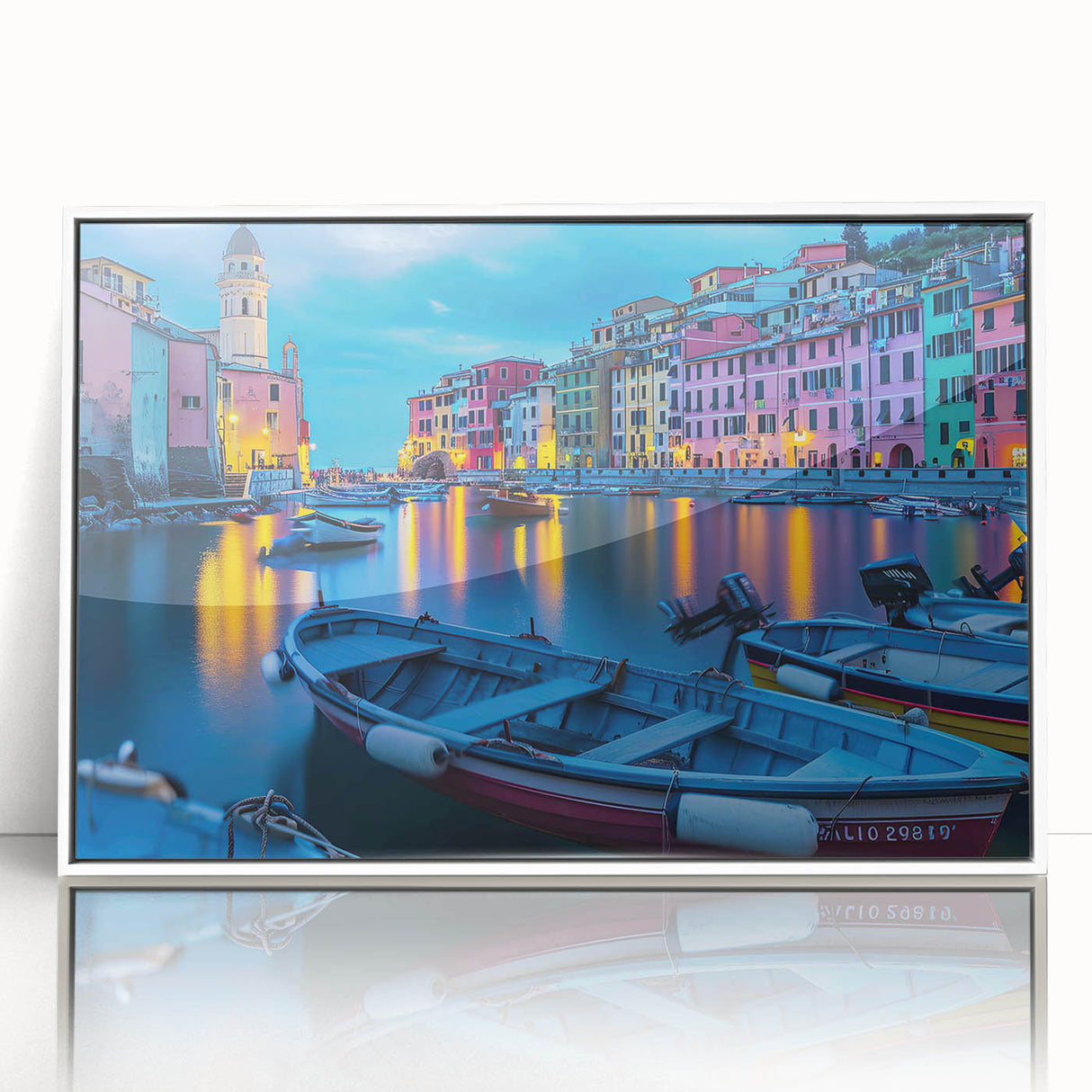 Mid-century modernist art depicting Cinque Terre, Italy in vibrant hues on a white-framed acrylic print.