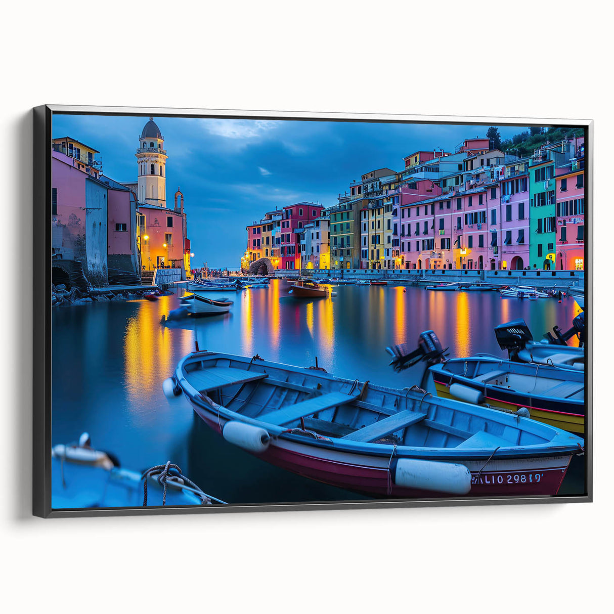 Black and white framed canvas of Cinque Terre landscape, ideal for bedroom decor.
