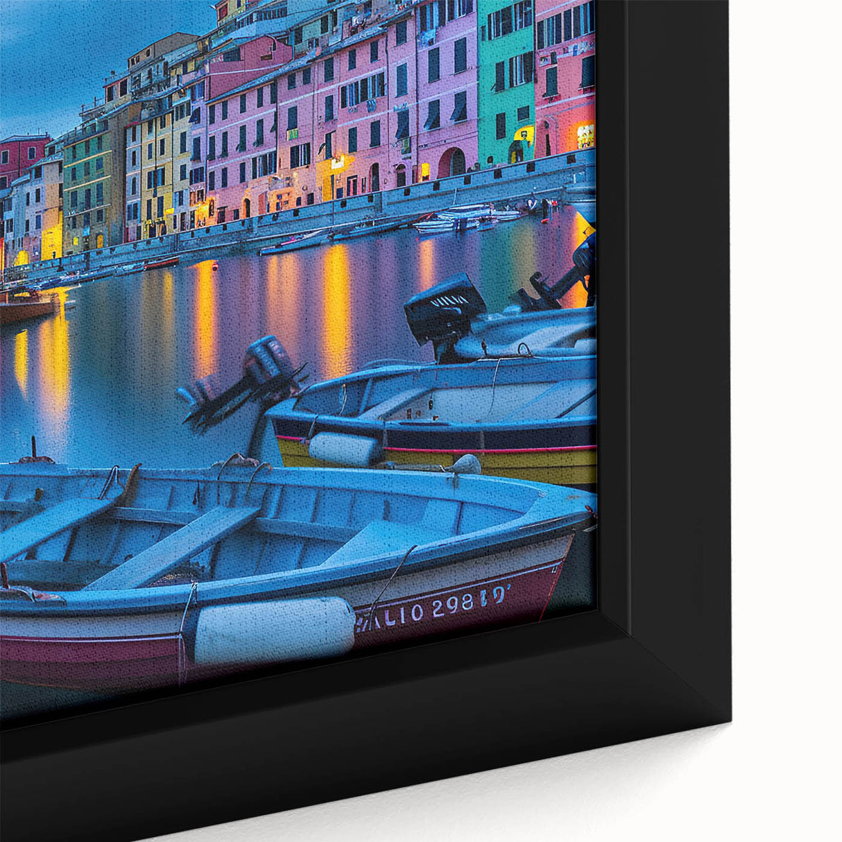 Framed canvas featuring a textured depiction of Cinque Terre, Italy in vibrant colors, ideal for living room decor.