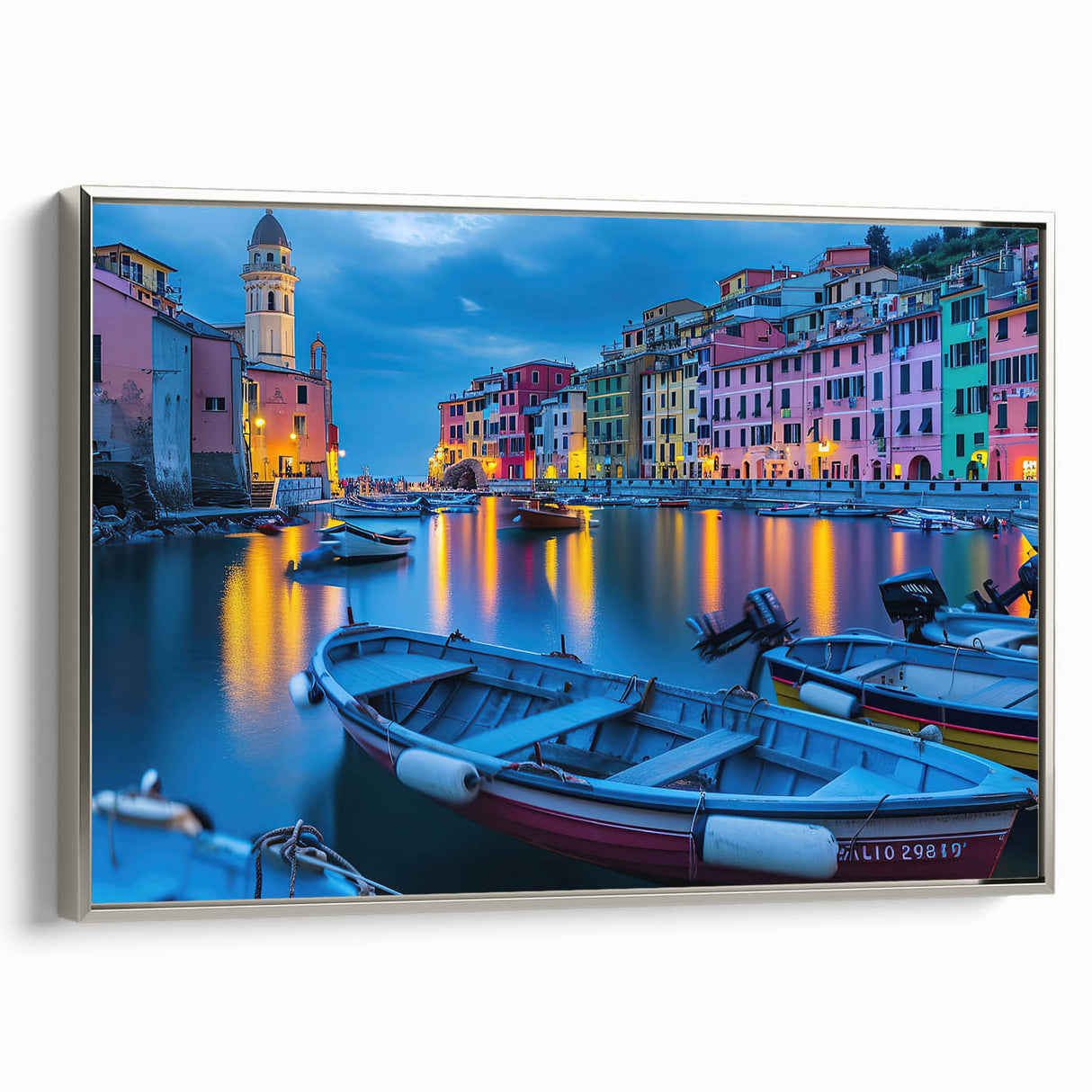 Framed canvas of Cinque Terre landscape in vibrant colors, ideal for adding a vintage touch to any room.