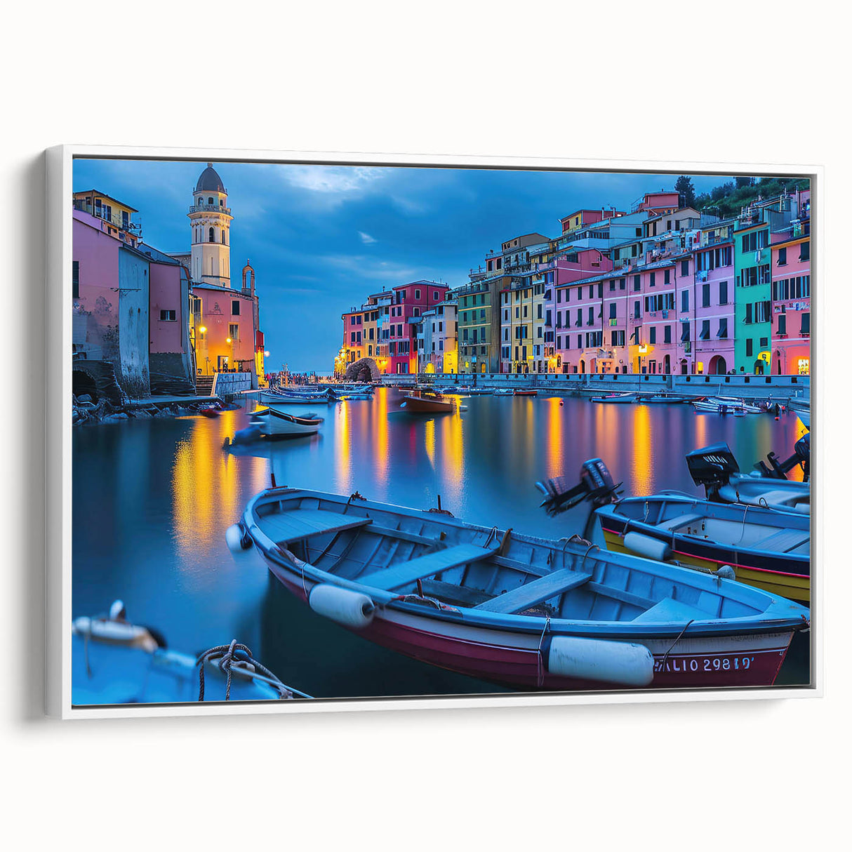 Vintage poster art of Cinque Terre with colorful houses, framed canvas in white, ideal for living room decor.