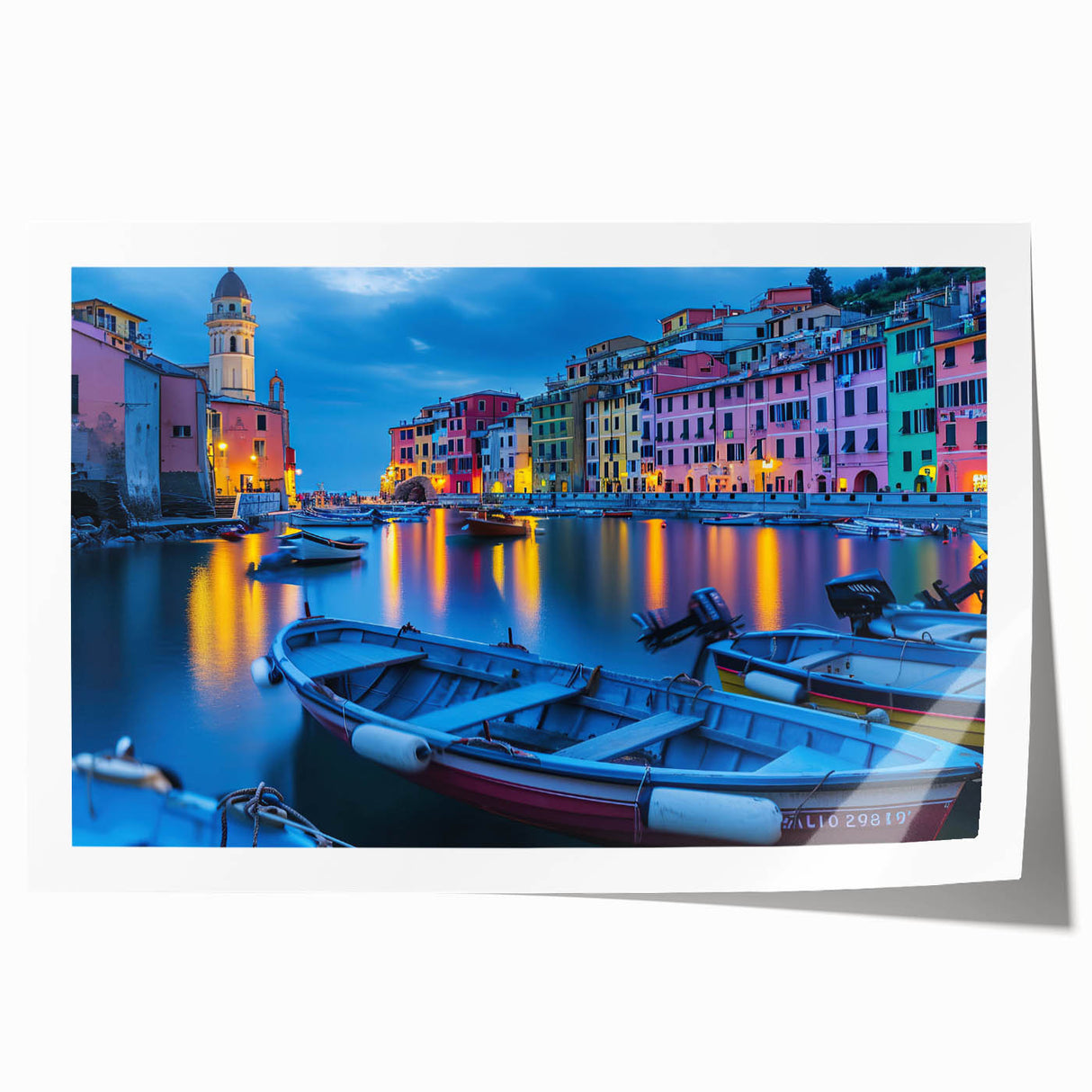 Rolled print of Cinque Terre scenery in Italy, featuring pastel-colored buildings and serene sea.