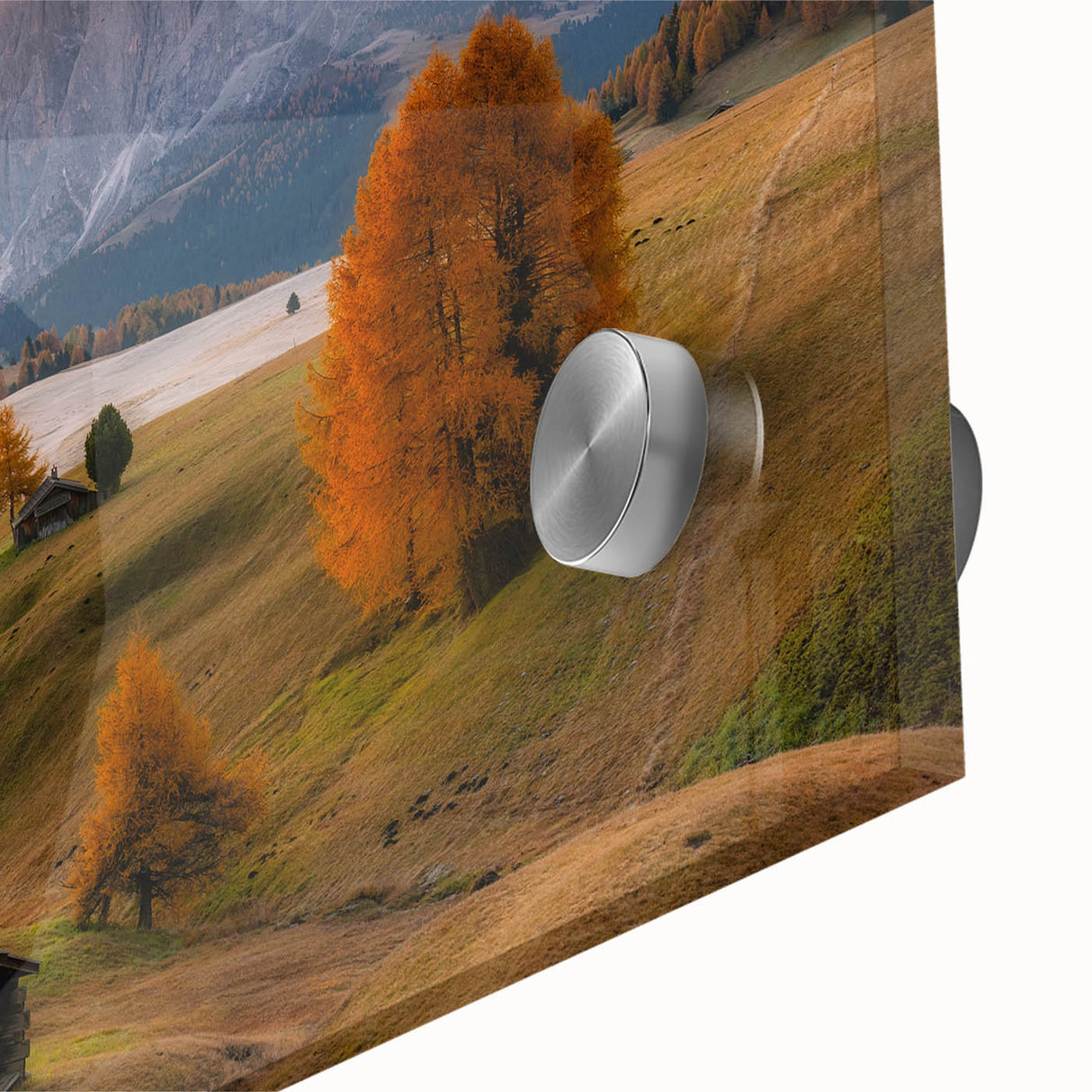 Large abstract depiction of the Dolomites in Italy on acrylic glass, using muted earth tones, ideal for dining room art.