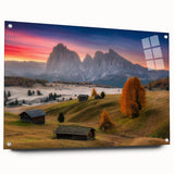 Acrylic glass print of the Dolomites in Italy, featuring muted earth tones, ideal for dining room wall art.