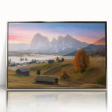 Framed acrylic print of the Dolomites in Italy, featuring green landscapes and mountain peaks.