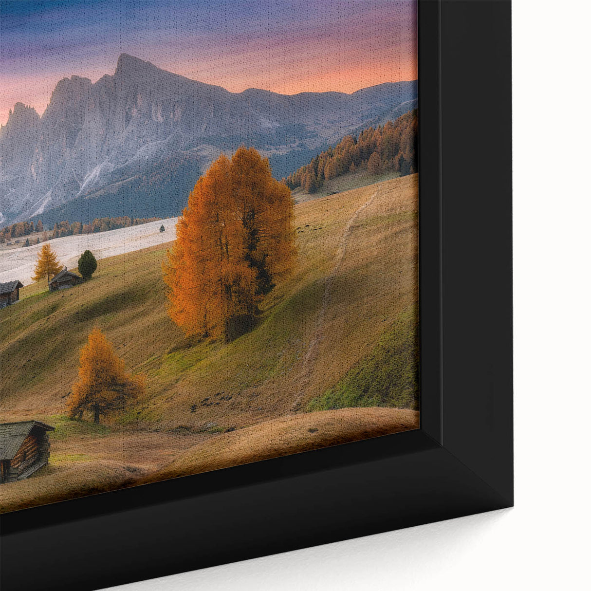 Extra large framed canvas of a textured, colorful Dolomites landscape in Italy, ideal for living room decor.