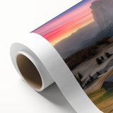Art deco poster of the Dolomites in Italy, featuring muted earth tones on rolled canvas, ideal for nursery wall art.