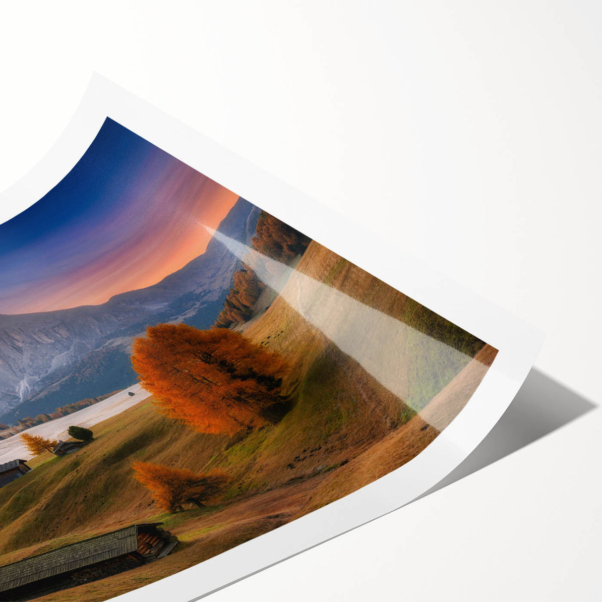 Extra large wall art depicting line art flowers over a scenic Dolomites background in muted earth tones.