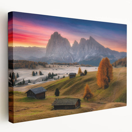 Large stretched canvas depicting the Dolomites in Italy, featuring muted earth tones, ideal for kitchen wall art.