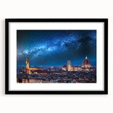 Colorful abstract art print of Florence scenery in vibrant hues on a large textured canvas, framed in black.
