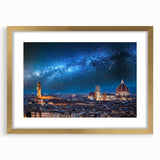 Abstract art print of Florence skyline in muted gold tones on a framed canvas, ideal for dining room decor.