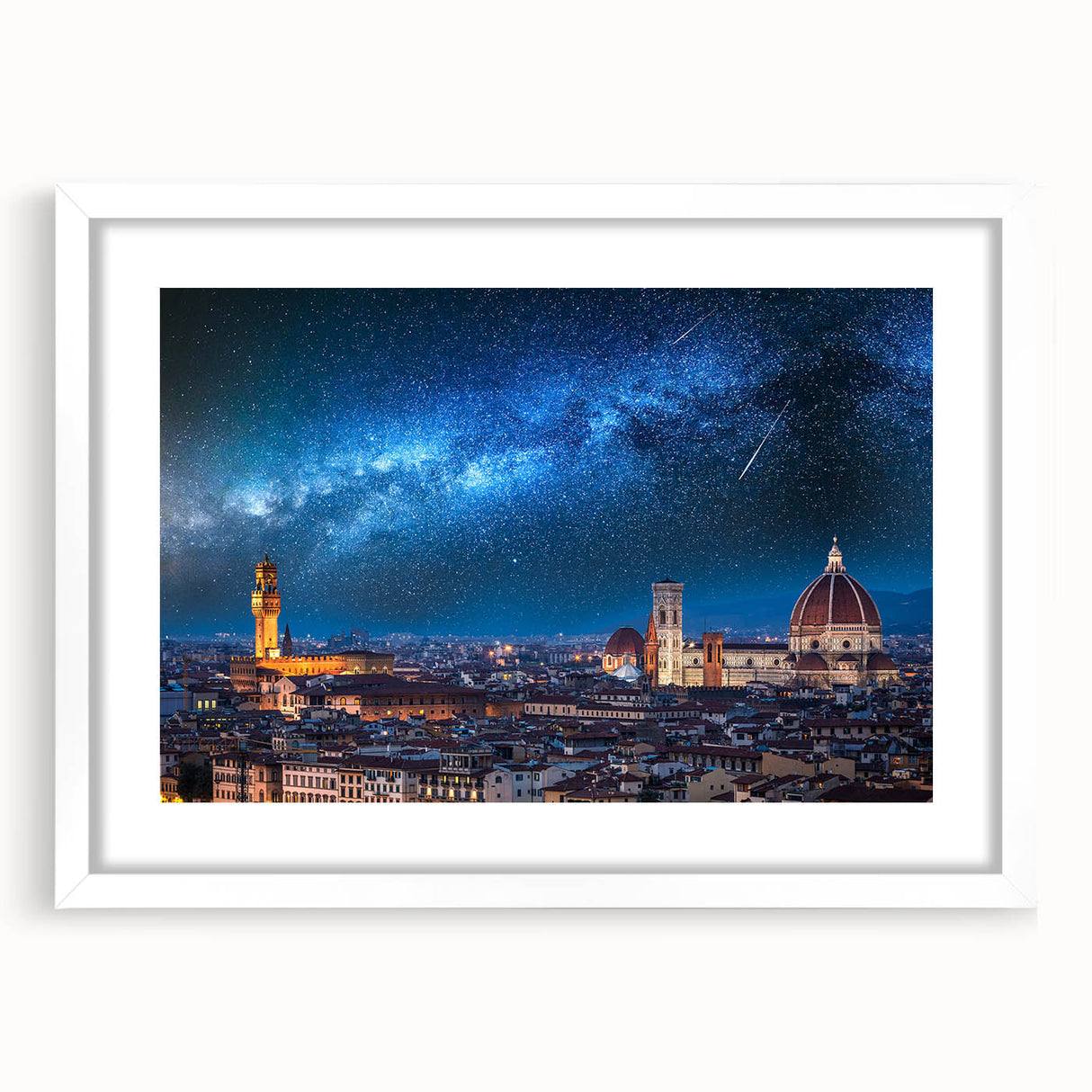 Textured art print of Florence scenery in muted earth tones on a framed white mat, ideal for bedroom art.