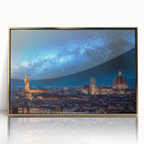 Framed acrylic print of Florence scenery in art deco style, with muted gold and blue tones, ideal for modern art wall decor.