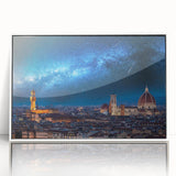 Mid-century modernist art depicting Florence's skyline in muted pastel tones on a white framed acrylic.