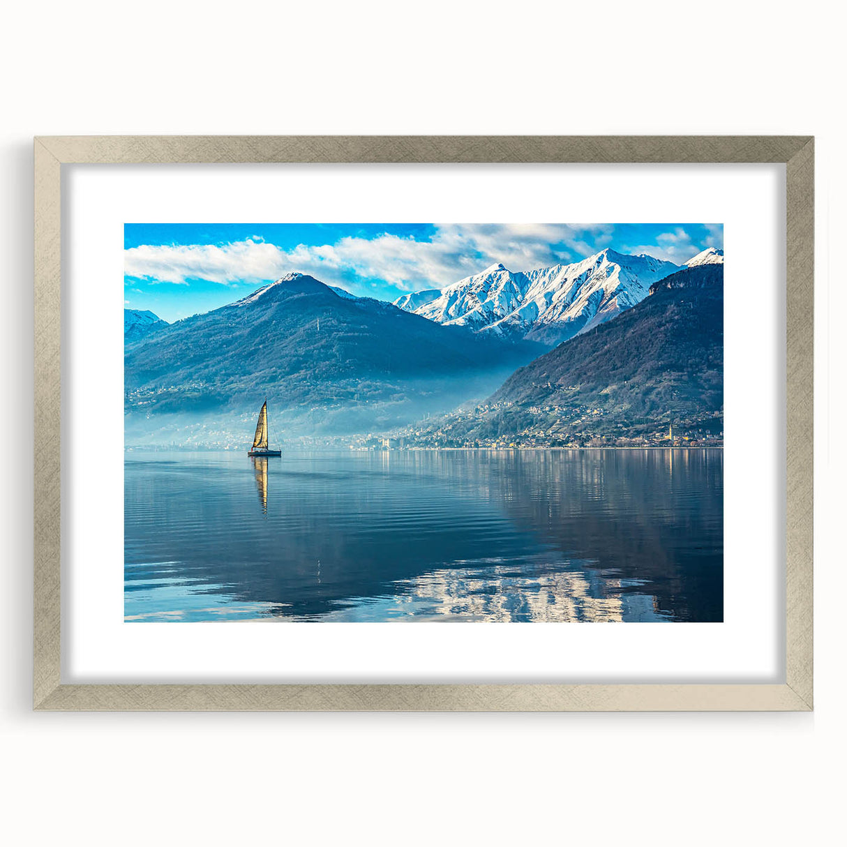 Extra large abstract art print of Lake Como with textured design in muted earth tones, framed with silver mat.