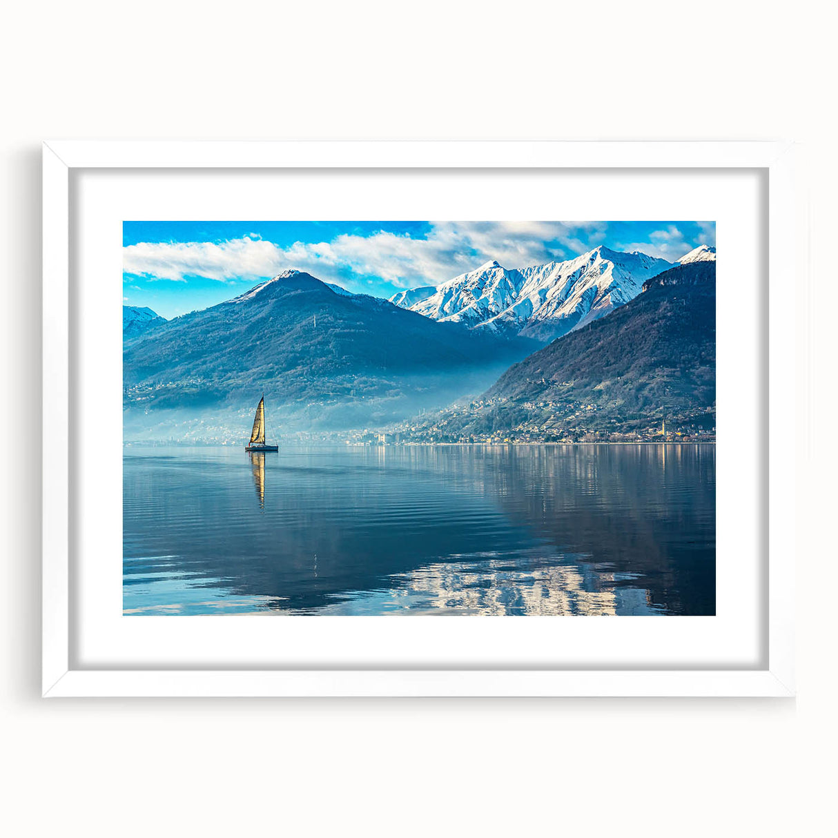 Textured art depicting Lake Como with muted greens and blues on a framed white mat, ideal for bedroom art.