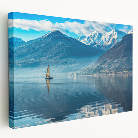 Side view of a stretched canvas featuring Lake Como scenery with vivid blue and green tones, ideal for kitchen wall art.