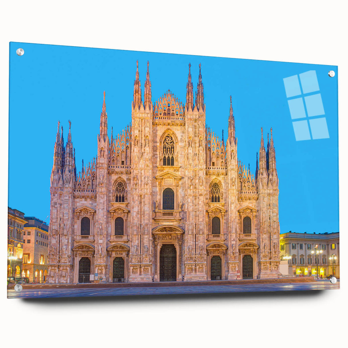 Acrylic glass print of Milan landscape with detailed architecture in muted earth tones, suitable for dining room decor.