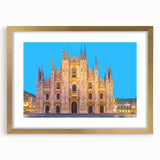 Abstract art print of Milan scenery in muted gold and gray tones, framed with a mat, ideal for dining room decor.