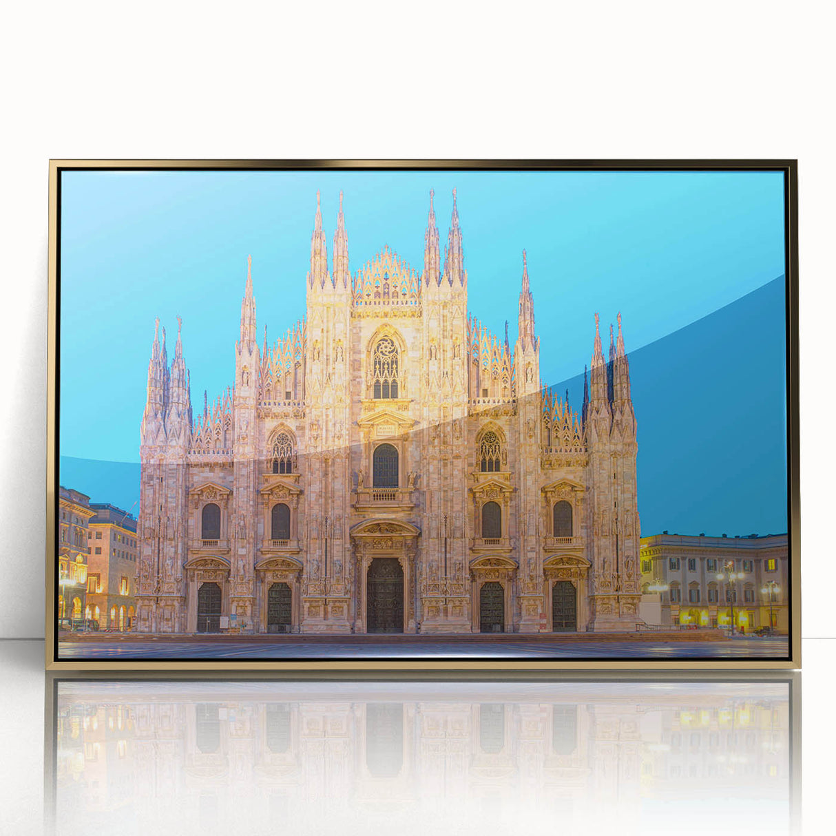 Art deco style poster of Milan scenery with muted gold and beige tones on framed acrylic, suitable for modern art wall decor.