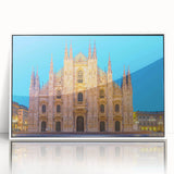 Mid-century modernist art depicting Milan scenery in muted earth tones on white framed acrylic.