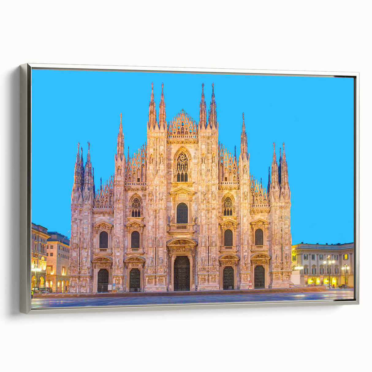 Landscape art painting of Milan scenery on framed canvas, featuring a vintage poster style with colorful and black elements.
