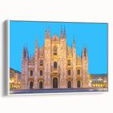 Vintage poster art of Milan scenery in colorful hues on a framed canvas, ideal for living room decor.