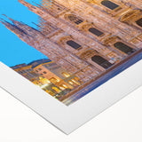 Art deco poster of Milan skyline in muted earth tones on rolled canvas, suitable for dining room wall art.