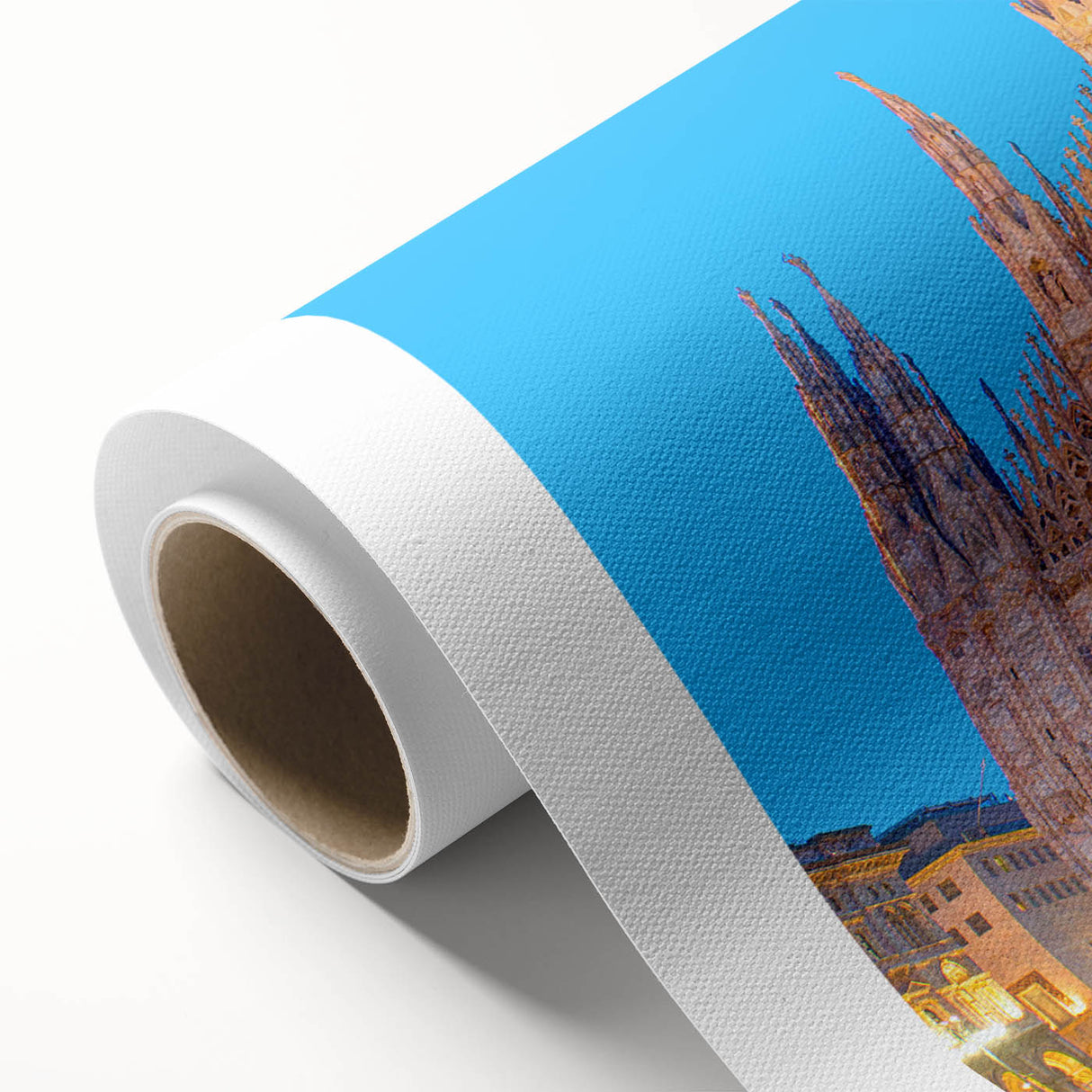 Art Deco poster of Milan scenery on rolled canvas, in muted earth tones, ideal for nursery wall art or dining room decor.