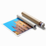 Rolled print of Milan scenery with floral accents in soft earth tones, ideal for classy bathroom wall decor.