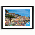 Extra large abstract art print of a colorful Naples scenery in a black frame, ideal for living room decor.