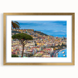 Abstract art print of Naples with vibrant gold and blue tones on a framed canvas, ideal for dining room decor.
