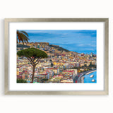 Extra large abstract art print depicting a textured European scenery, in muted earth tones, framed in silver.