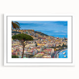 Textured abstract art print of Naples, Italy in muted earth tones on a framed white mat, suitable for bedroom decor.