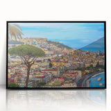 Large abstract wall art depicting a European scenery in Naples with muted earth tones, framed in black acrylic.