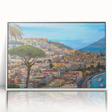 Mid-century modernist art depicting Naples, Italy in muted earth tones on a framed acrylic, ideal for modern art wall decor.