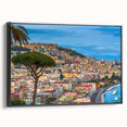 Black and white framed canvas of Naples landscape, featuring muted monochrome tones, ideal for bedroom wall art.