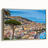 Framed canvas featuring a vintage-style landscape painting of Naples, Italy, in muted gold and black tones.