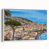 Vintage poster art of Naples, Italy in colorful hues on extra large framed canvas, suitable for living room decor.